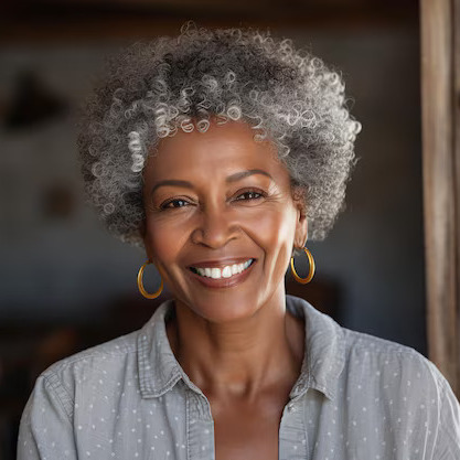 Foto de uma mulher negra com brincos redondos e blusa cinza